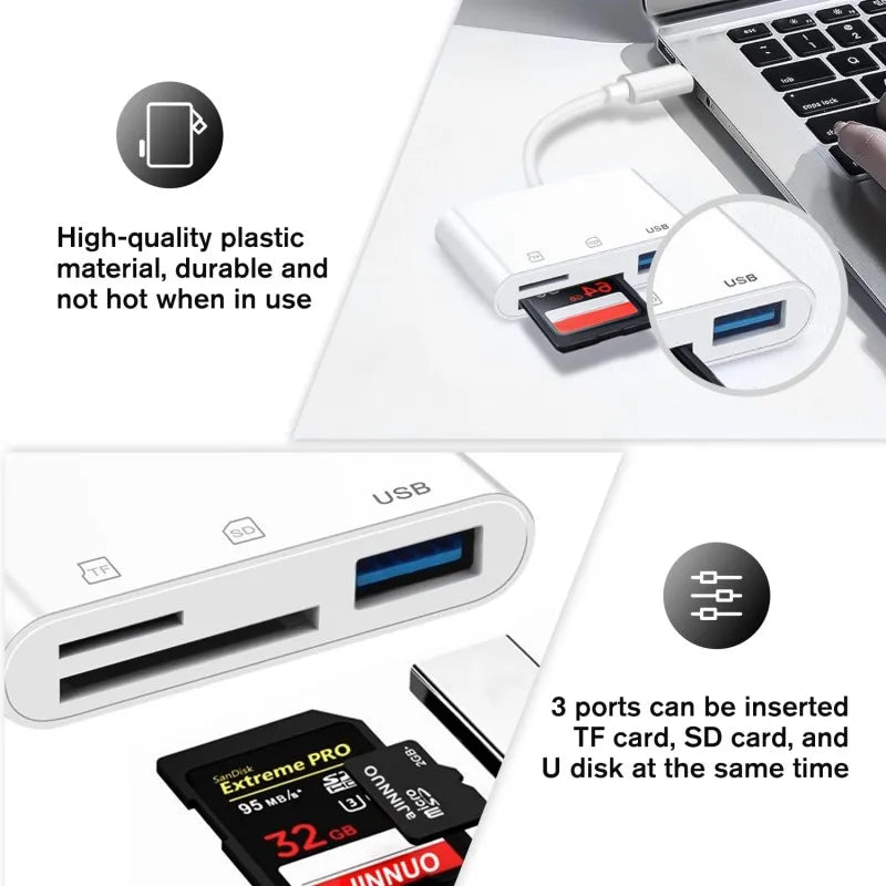 3 in 1 SD Card Reader for iPhone 14/13/12/11/15 Pro Max - Micro SD Memory Card Reader USB Adapter OTG for iPhone and iPad