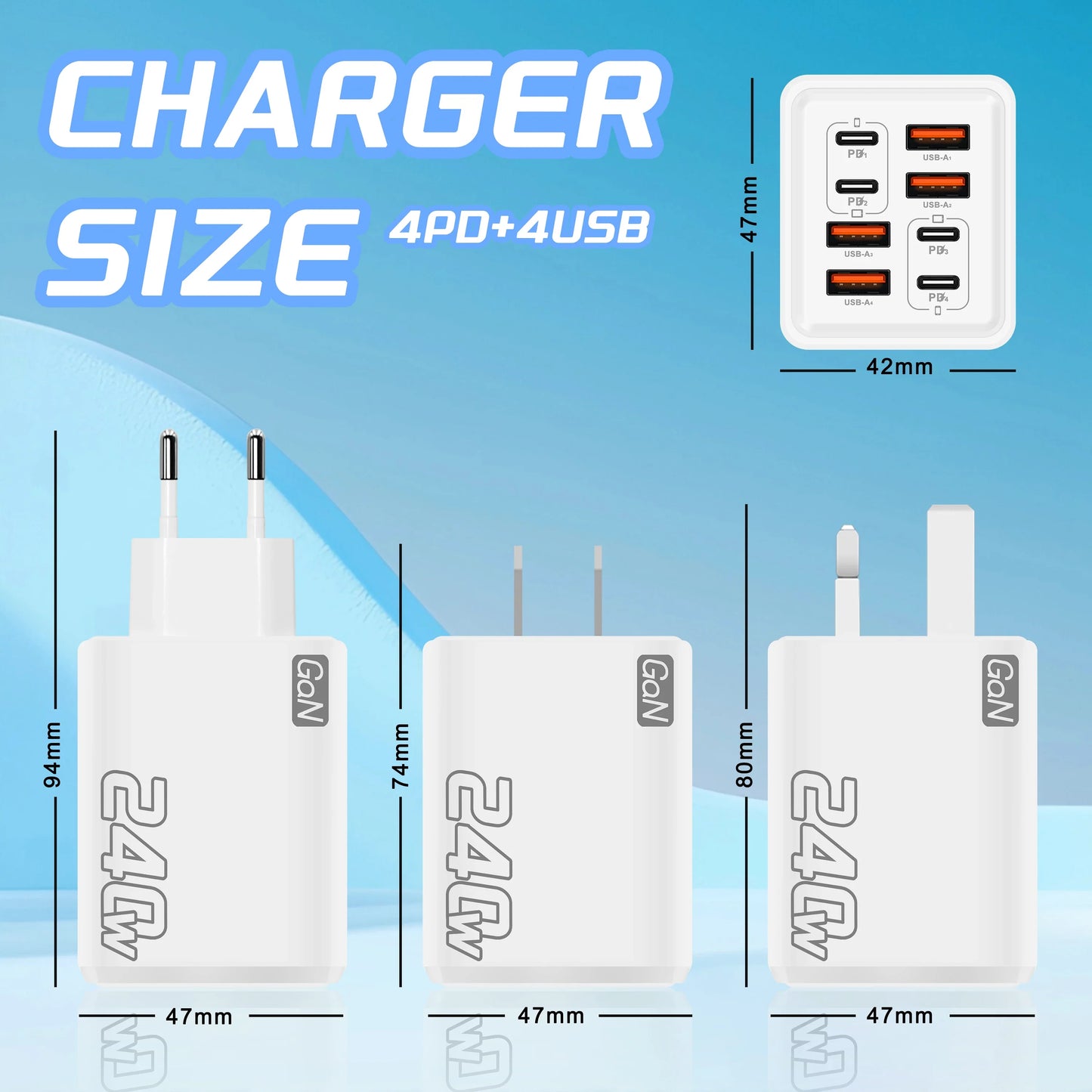 240W GaN USB C Charger - 8-in-1 Fast Charging Power Adapter for iPhone Samsung Xiaomi Devices