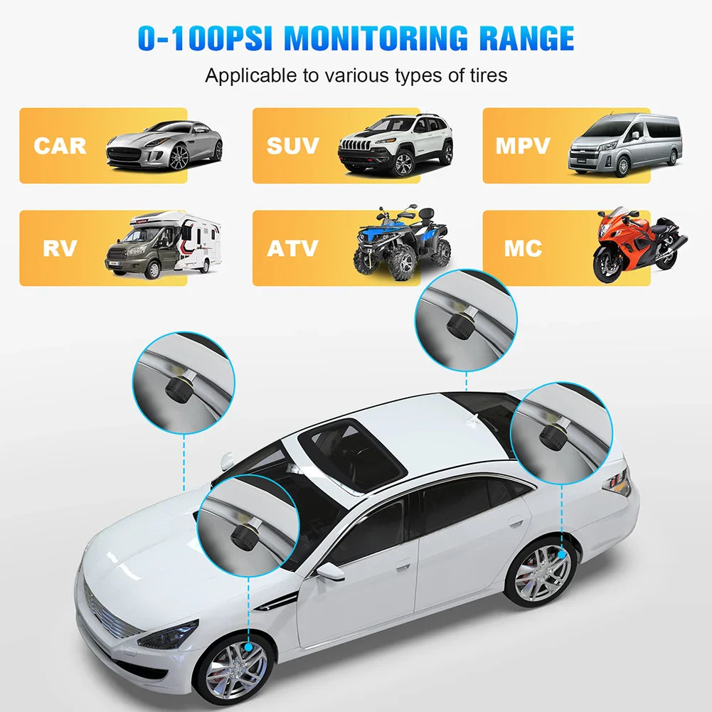 Car TPMS Bluetooth 5.0 Tire Pressure Monitoring System – Motorcycle & Car Tyre Sensor with iOS/Android App Display