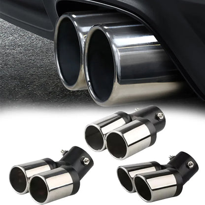 2.5" Chrome Tail Pipe Exhaust Trim, Stainless Steel Double Outlet Muffler for Car Styling - Curved Inlet Decoration