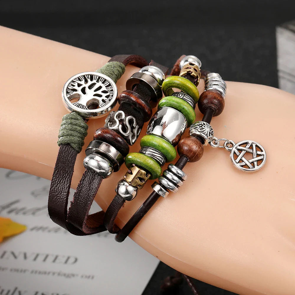 Vintage Gothic Punk Moon & Star Metal Bracelet - Multilayer Leather Bangle for Men, Leaf & Sun Arm Jewelry
