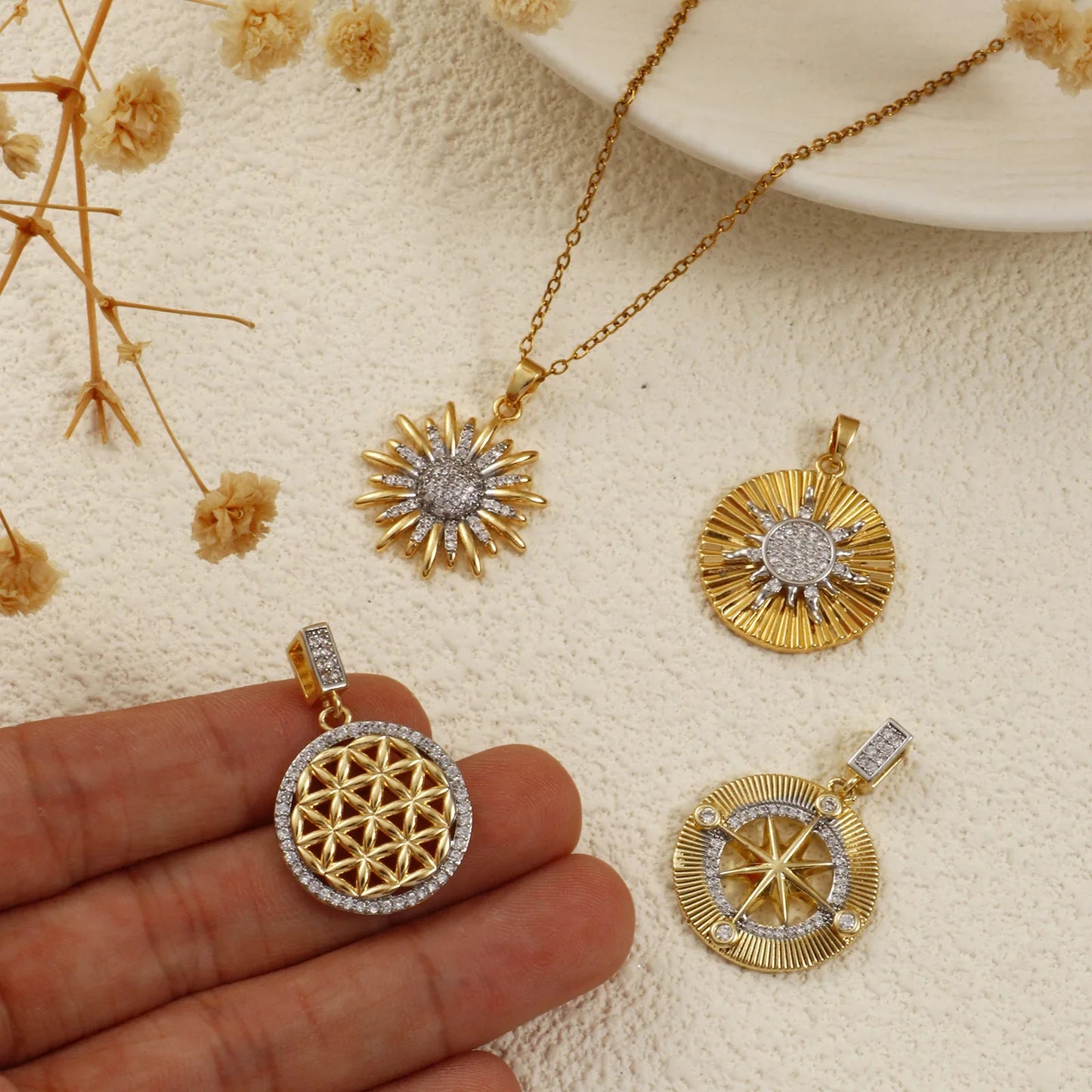 18K Gold Plated Sunflower Star Pendant – Brass Micro Pave Cubic Zirconia DIY Necklace Jewelry Making Charm