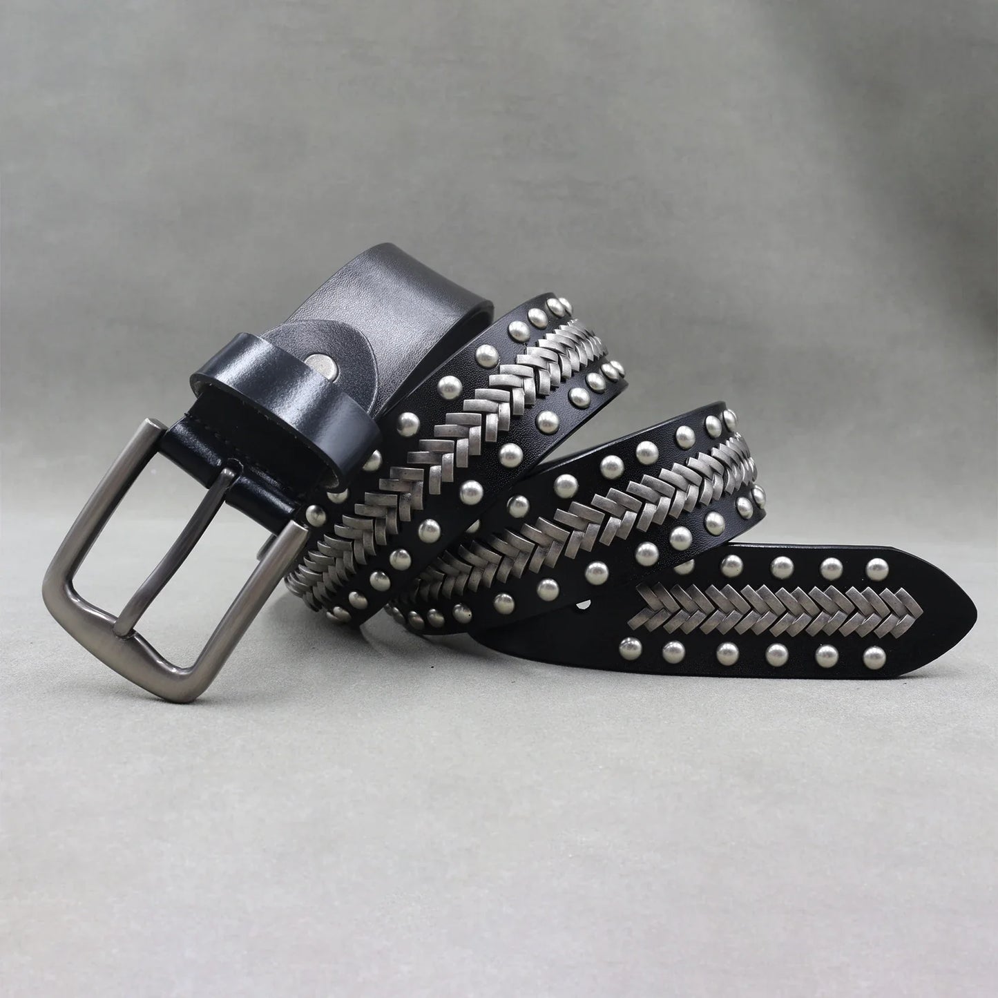 Men’s Designer Rivet Belt – Genuine Cowhide Leather Punk Rock Pin Belt for Jeans, Luxury Black Leather Belt