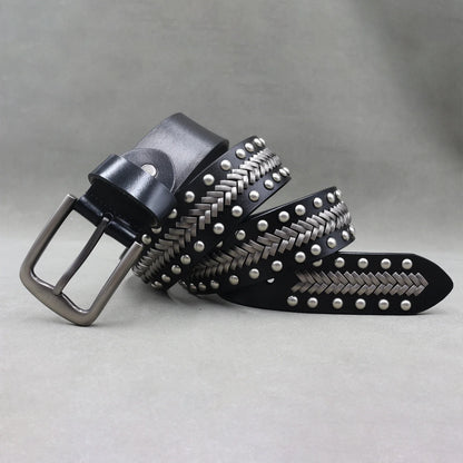 Men’s Designer Rivet Belt – Genuine Cowhide Leather Punk Rock Pin Belt for Jeans, Luxury Black Leather Belt
