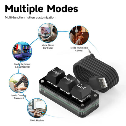 RGB 3-Key Mini Macro Keyboard — Hotswap Keypad for Photoshop, Gaming & Programming