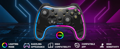 Controller 7039 for Nintendo Switch – Transparent Gamepad with RGB Lights, Turbo, Wake-Up, Multi-Platform & App Support