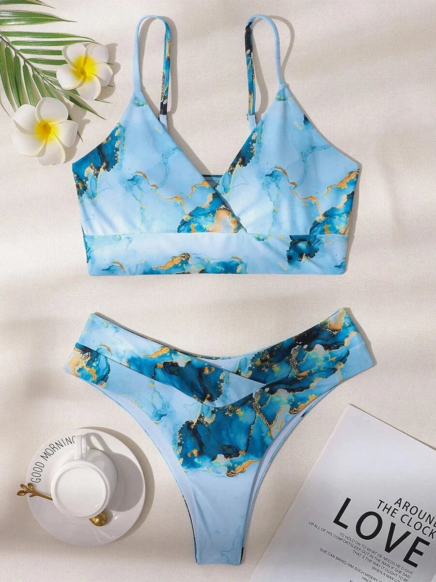 Women’s Marble Print Bandeau Bikini Set - Push Up High Waist Sport Swimsuit Beachwear