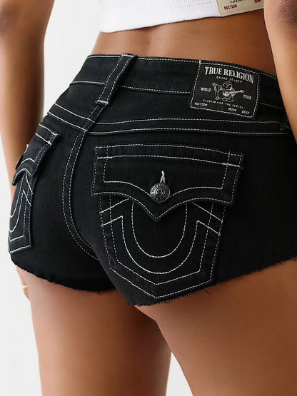 Gothic Y2K Black Denim Shorts — Women's High Waist Slim Fit Baggy Shorts with Buddha Embroidery