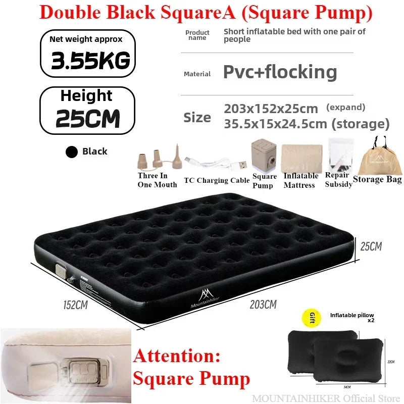 MOUNTAINHIKER 2025 Inflatable Air Mattress – PVC Glamping Sleeping Mat with Built-in Pump for 1-3 Persons