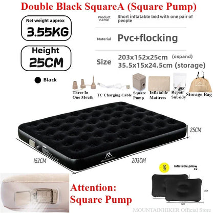 MOUNTAINHIKER 2025 Inflatable Air Mattress – PVC Glamping Sleeping Mat with Built-in Pump for 1-3 Persons