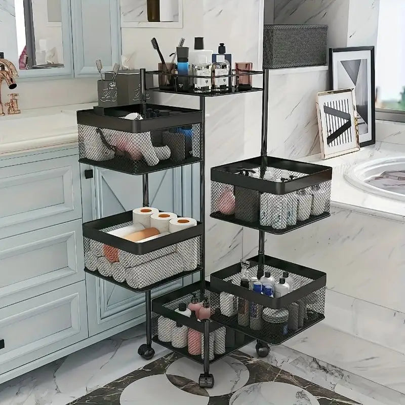 5 Tier Rotating Kitchen Storage Shelf - Metal Fruit & Vegetable Rack, Multi-Layer Trolley on Wheels