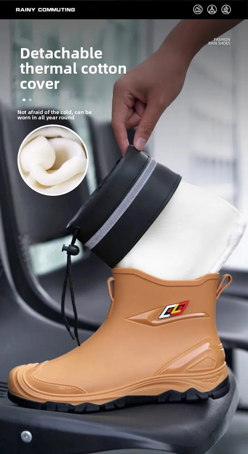 Men’s Ankle-High Fleece-Lined Rain Boots – Waterproof, Anti-Slip, Wear-Resistant Work & Fishing Shoes