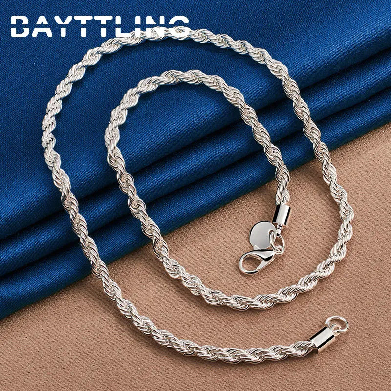 Charm 925 Sterling Silver Accessories — 4MM Rope Chain Necklace & Bracelet Set (40–60cm) for Men & Women, Fashion Wedding Gift Jewelry
