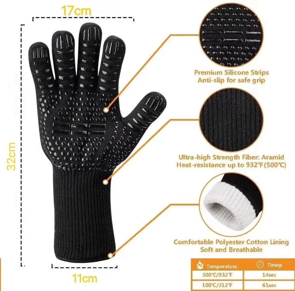 BBQ Gloves - Silicone Heat-Resistant Mitts for Kitchen and Microwave, Fireproof to 800 Degrees, Non-Slip Barbecue Gloves