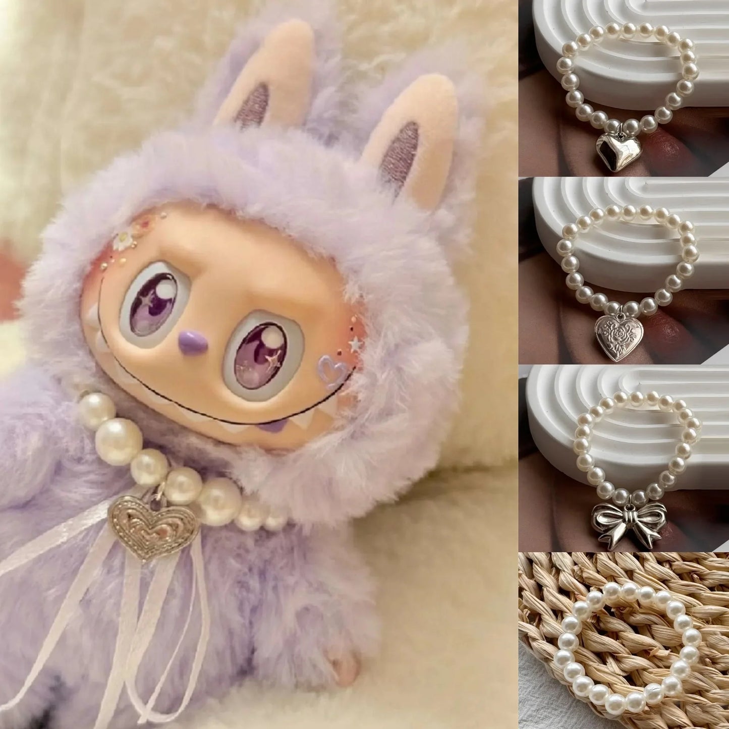 17cm Labubu Macaron Sitting Party Ornament — DIY Cute Plush Pendant with Pearl Necklace & Alloy Chain Accessory