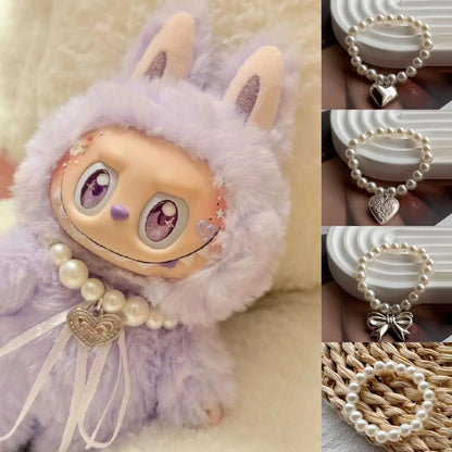 17cm Labubu Macaron Sitting Party Ornament — DIY Cute Plush Pendant with Pearl Necklace & Alloy Chain Accessory