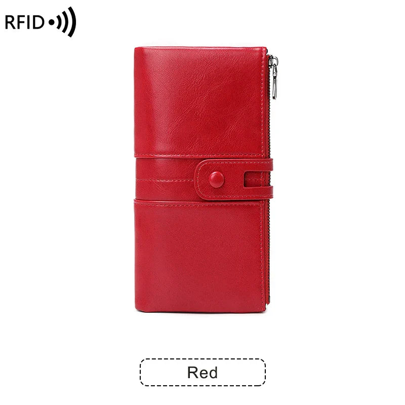 RFID Blocking Large Capacity Wallet – Soft Leather Solid Color Clutch, Multi-Functional Zipper Purse for Women & Men