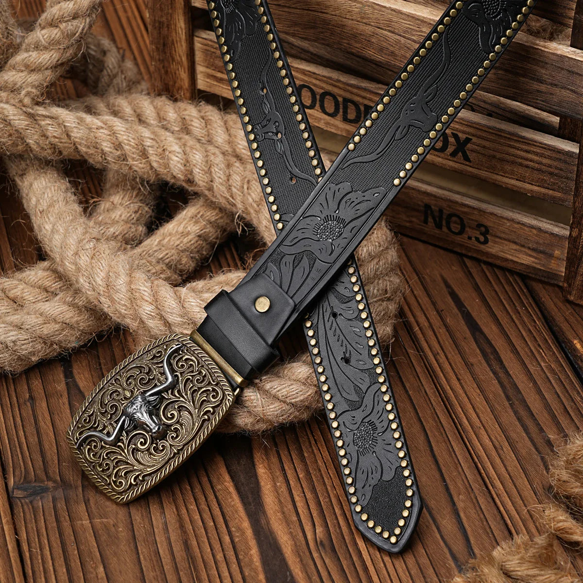 Men & Women Western Cowboy PU Leather Belt – Vintage Floral Engraved Buckle Belt for Jeans
