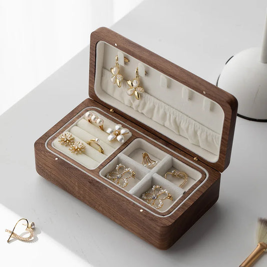 Double Layer Wooden Jewelry Box – Necklace, Bracelet & Earring Organizer in Black Walnut, Perfect Wedding Gift