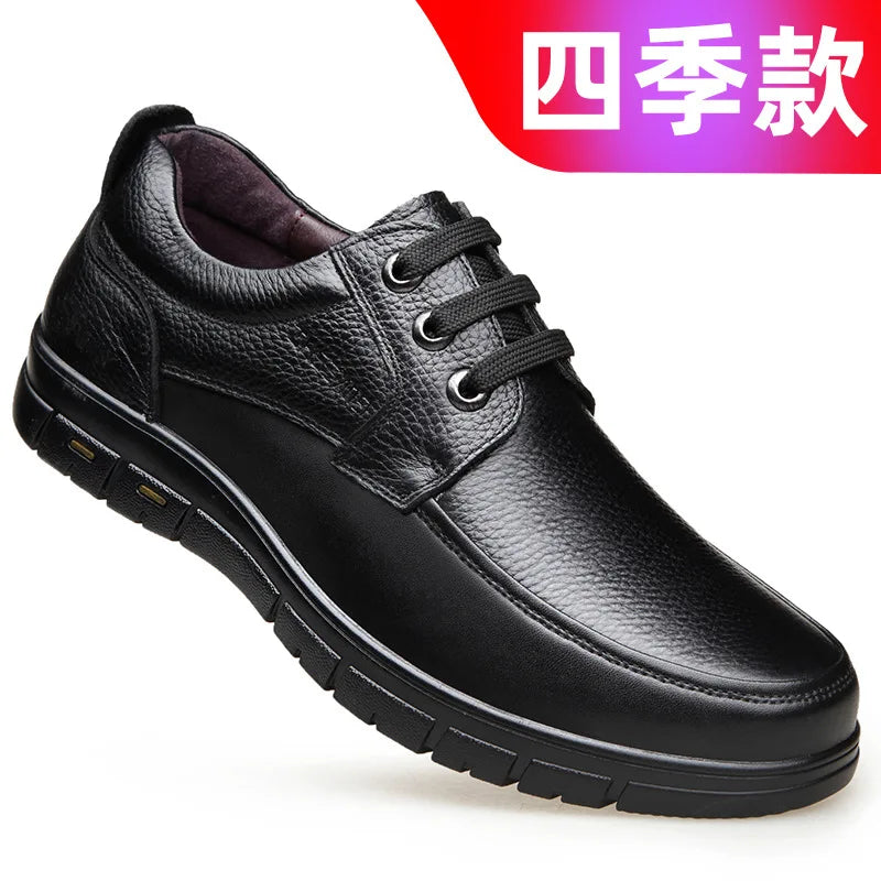 Men's Genuine Leather Casual Shoes - Soft Sole Lace-Up Loafers, Luxury Brand for Middle-Aged & Older Adults, Lightweight Dad Shoes
