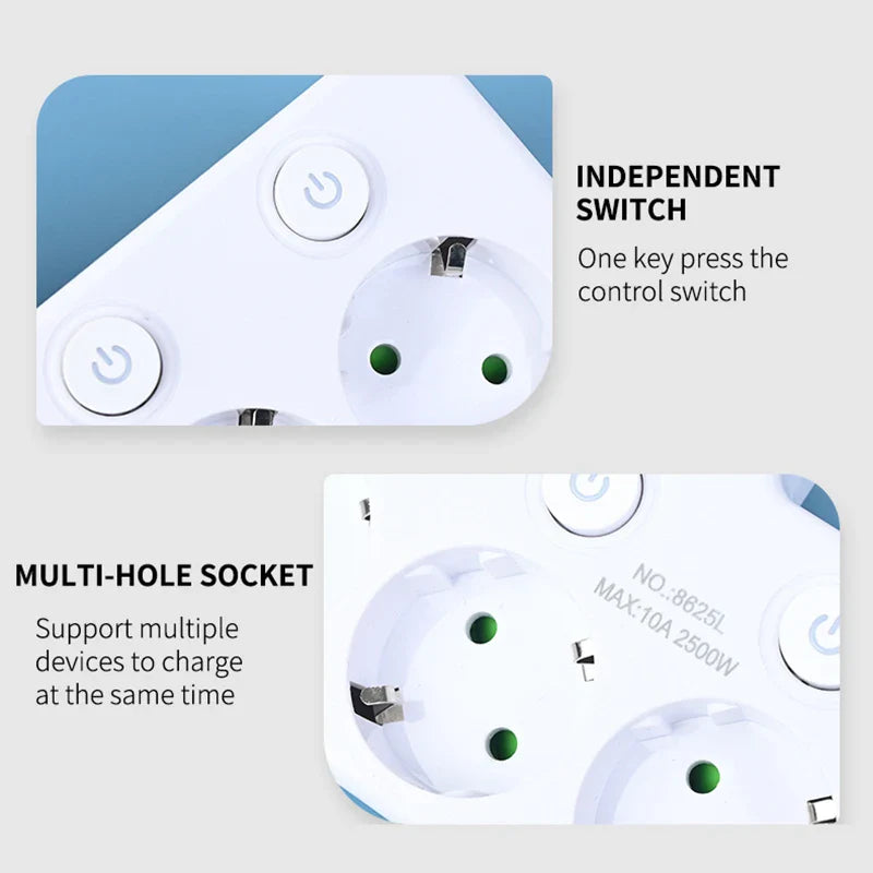 EU Plug Power Strip – 4 AC Outlets, 2 USB & 1 Type-C Ports with Independent Switch and Night Light