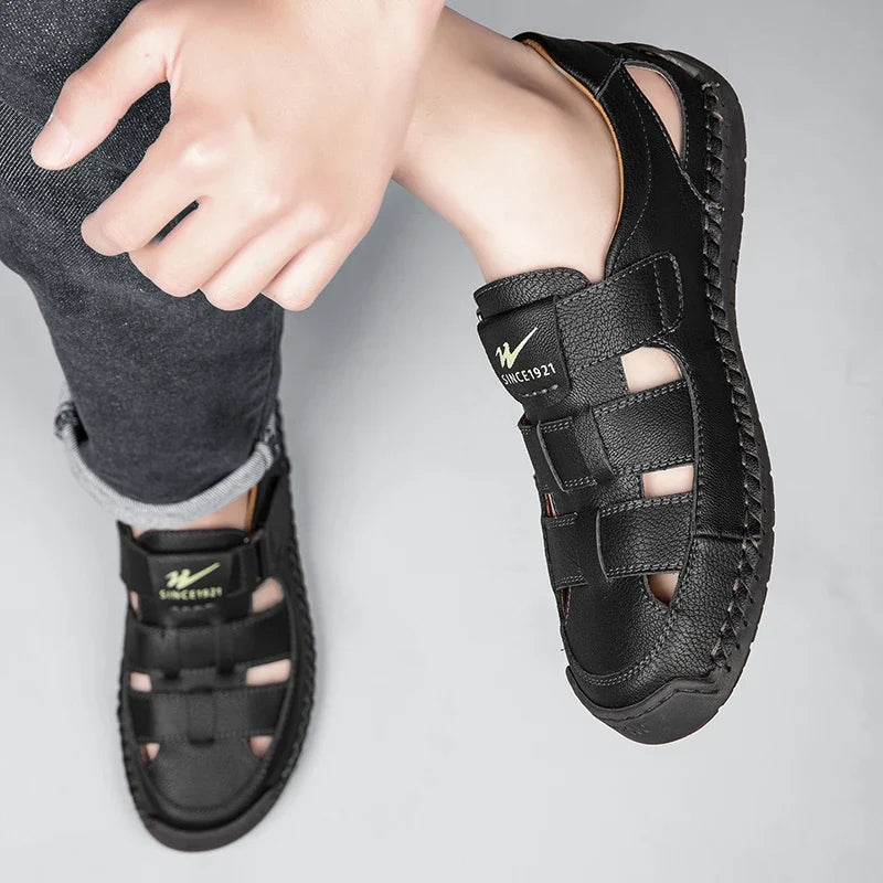 Men's Wide Toe Leather Sandals - Breathable Hollow Out Closed Toe Roman Casual Shoes Plus Size