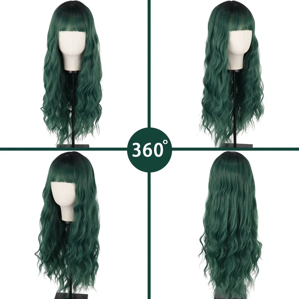 Light Green Long Wavy Synthetic Wig with Bangs – Blackish Green Cosplay & Lolita Style, Heat-Resistant for Women