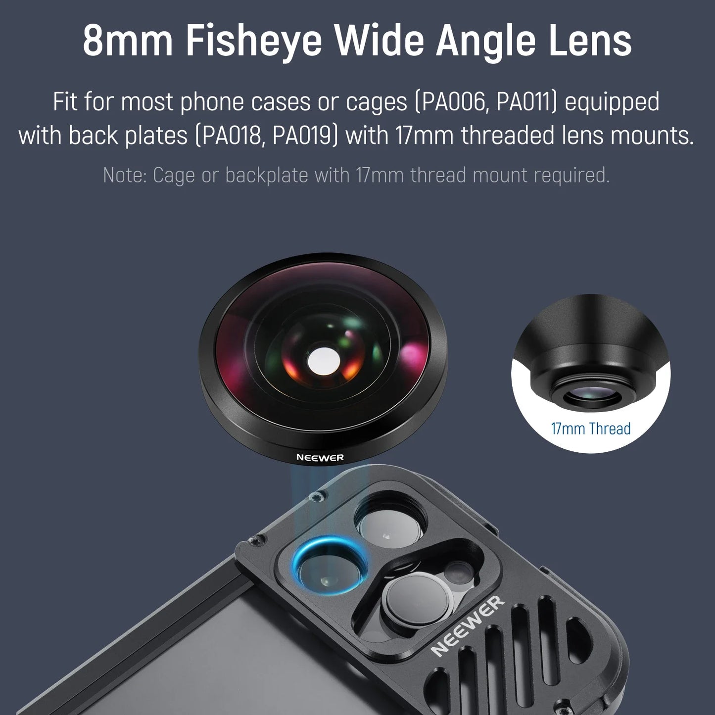 NEEWER HD 8mm 220° Fisheye Phone Lens (Lens Only) — 17mm Thread Backplate, SmallRig Compatible for iPhone & Samsung