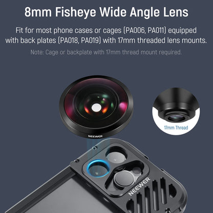 NEEWER HD 8mm 220° Fisheye Phone Lens (Lens Only) — 17mm Thread Backplate, SmallRig Compatible for iPhone & Samsung