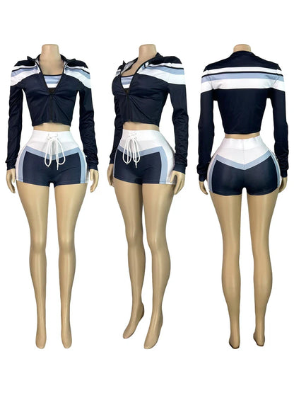2025 Trending Women’s Summer 3-Piece Tracksuit – Color Block Sports Bra, Jacket & Shorts Gym Workout Set