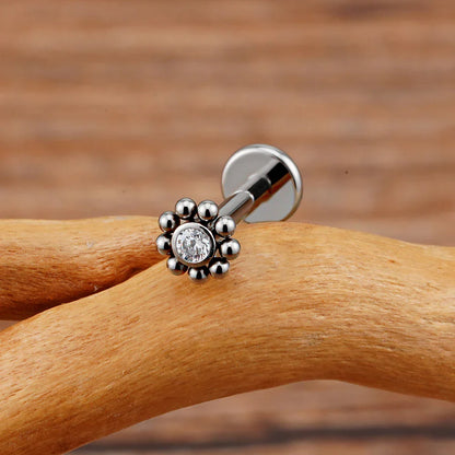 Right Grand ASTM F136 Titanium 16G Mini Beaded Sun Labret Stud CZ Flower – Tragus, Helix, Conch & Nose Piercing Body Jewelry
