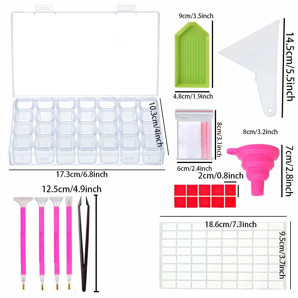 28-Grid Diamond Painting Storage Box – With Funnel, Sticker, Pen, and Embroidery Accessories Container
