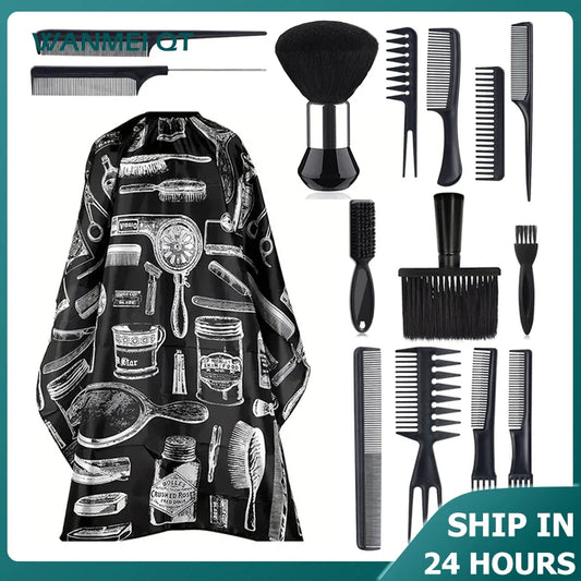11pcs/15pcs Barber Salon Cloak Set – Adjustable Stylist Cape with Neck Buckle, Dust Removal Brush & Comb