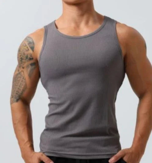 Men's 2026 Ice Silk Ribbed Vest - Slim Fit Sleeveless Fitness Sports Leisure Tank Top Solid Color Shirt
