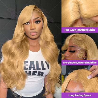 Brazilian #27 Honey Blonde Body Wave Wig – 30-34 Inch, 13x4 Lace Front, HD Transparent Lace Frontal, 200% Density for Women