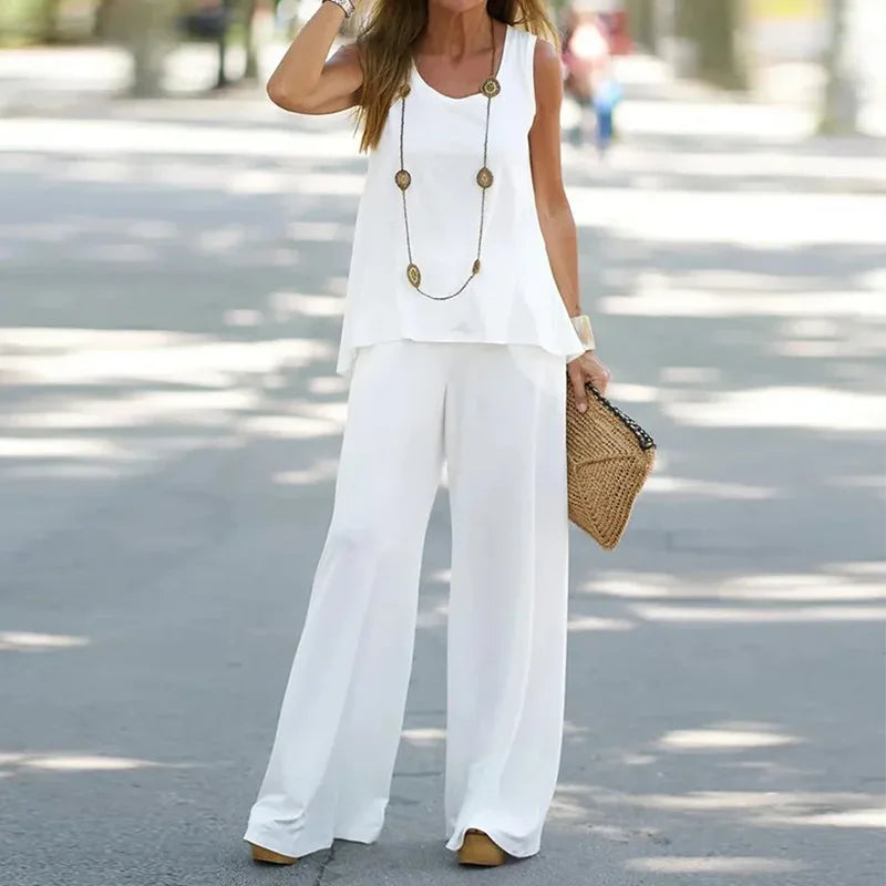 Women Printed 2-Piece Summer Suit Set – Sleeveless Round Neck Top & Wide Leg Pants Casual Loose Fit Outfit