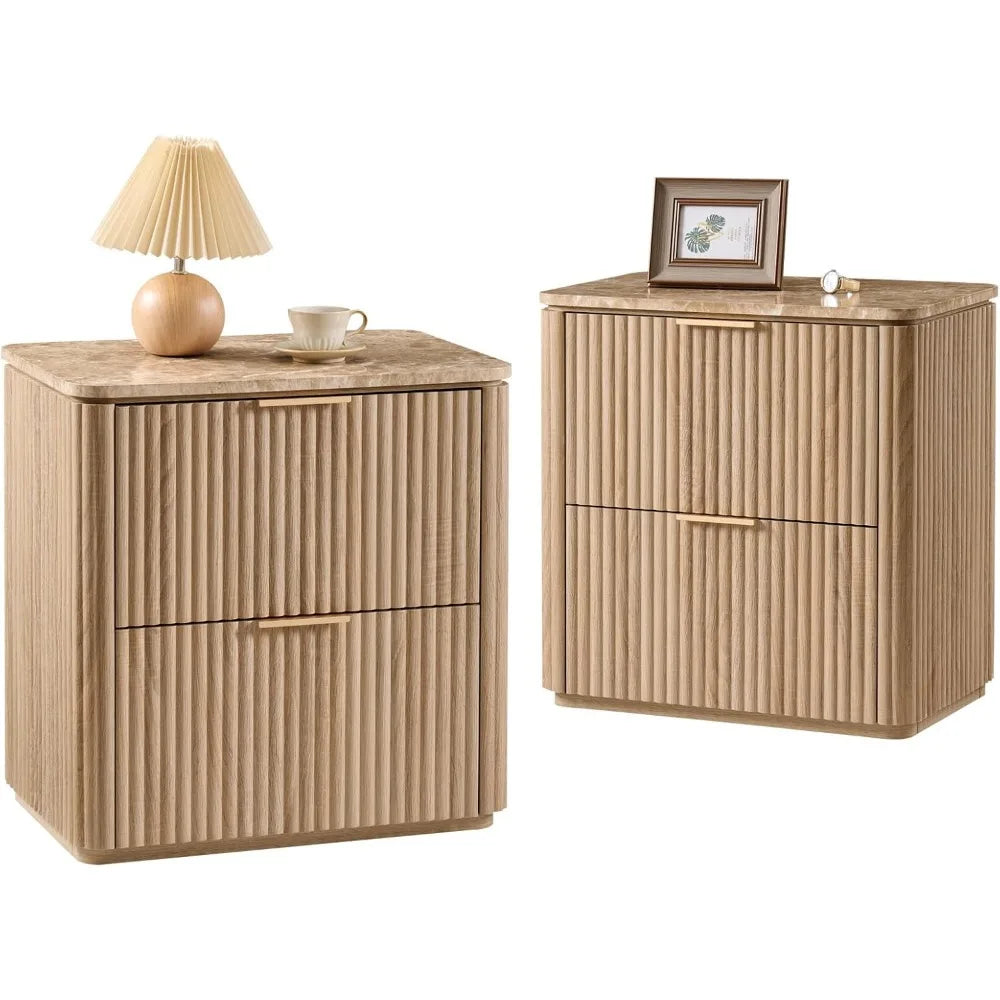 Fluted Nightstand Set of 2 – Solid Wood Bedside Tables with 2 Drawers, Faux Marble Top, Curved Corners & Metal Handles