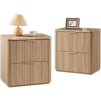 Fluted Nightstand Set of 2 – Solid Wood Bedside Tables with 2 Drawers, Faux Marble Top, Curved Corners & Metal Handles