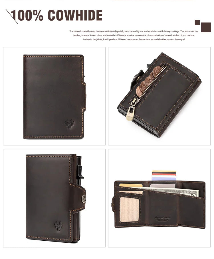 HUMERPAUL Men’s Pop-Up Card Holder – Crazy Horse Leather RFID Blocking Slim Wallet with Money Pocket & Metal Bank Card Case