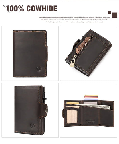 HUMERPAUL Men’s Pop-Up Card Holder – Crazy Horse Leather RFID Blocking Slim Wallet with Money Pocket & Metal Bank Card Case