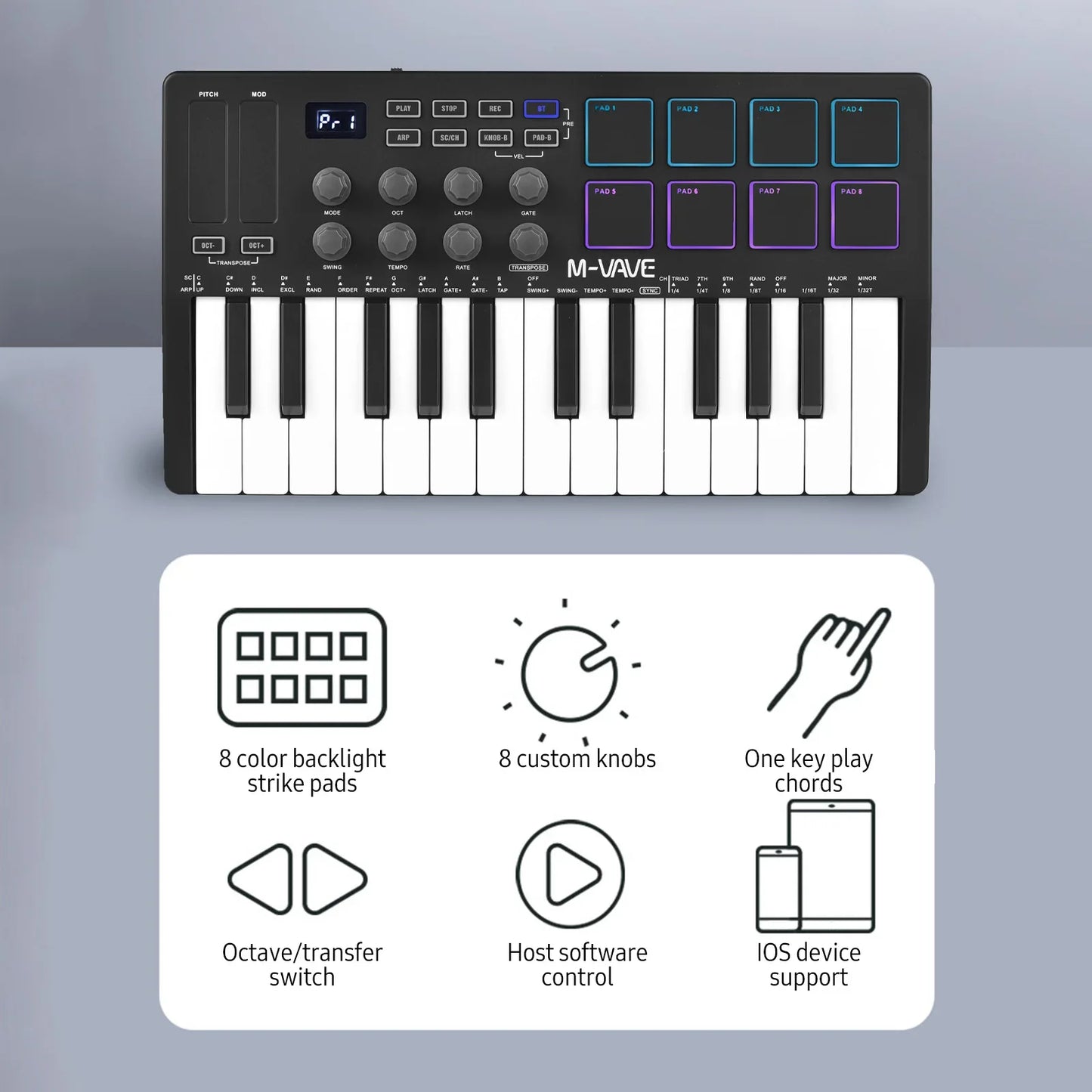 M-VAVE 25 Key MIDI Control Keyboard – Portable USB, Velocity-Sensitive Keys, 8 RGB Pads, 8 Knobs