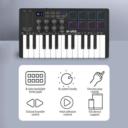 M-VAVE 25 Key MIDI Control Keyboard – Portable USB, Velocity-Sensitive Keys, 8 RGB Pads, 8 Knobs