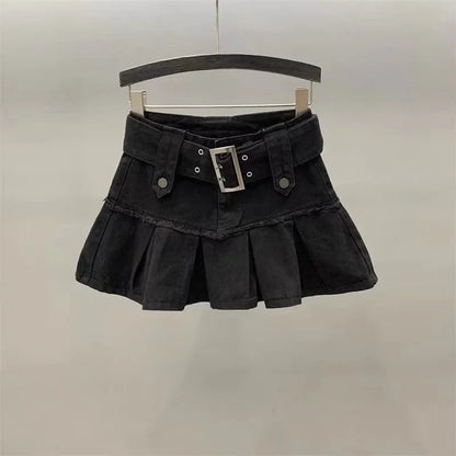 Gothic High-Waisted Y2K Denim Mini Skirt – Retro Patchwork Pleated Skirt with Letter Embroidery for Women