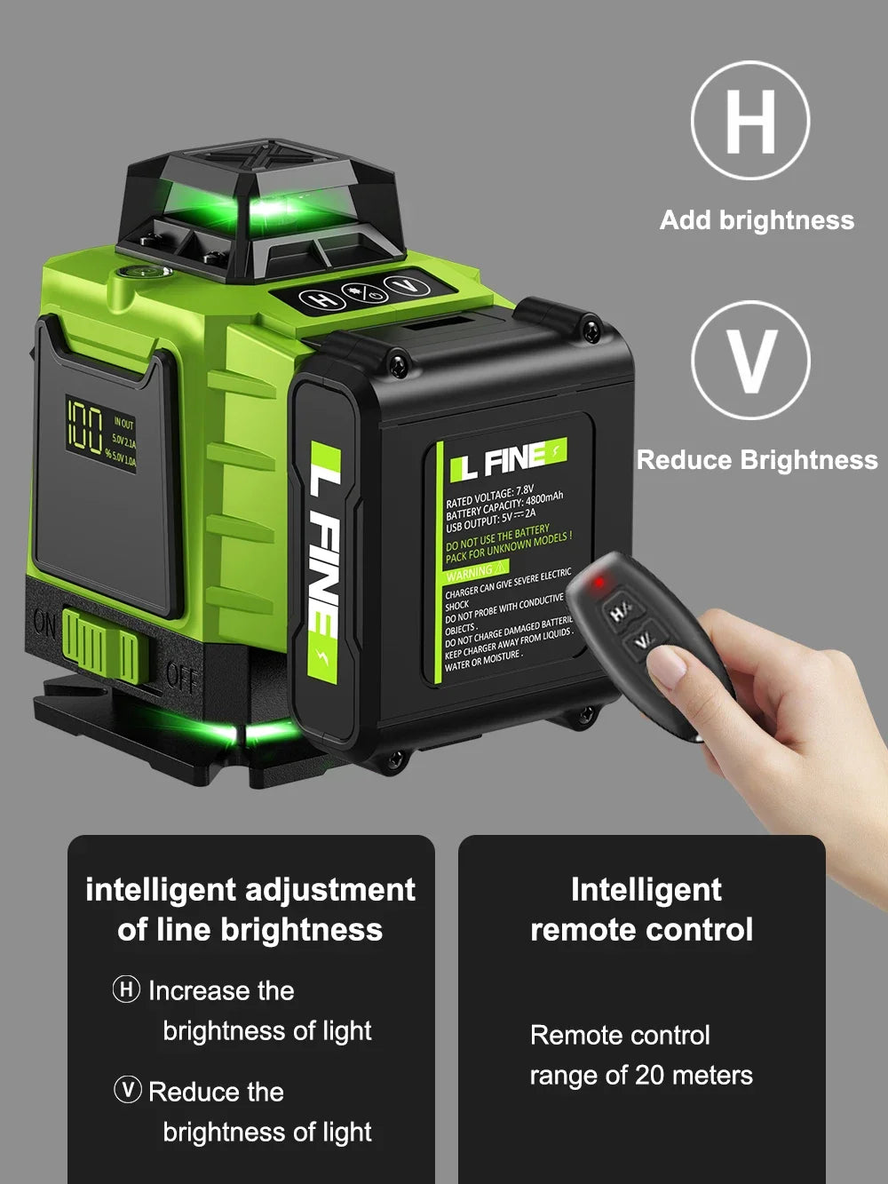 LFINE 3D/4D Laser Level — 12/16 Line Horizontal & Vertical Self-Leveling 360° Laser with Remote Control (8 Lines)