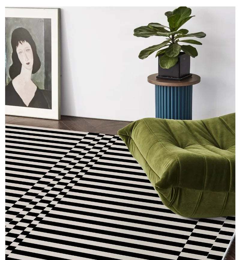 Light Luxury Black & White Plaid Rug — Fluffy Soft Carpet for Bedroom, Living Room, Study, and Home Decor