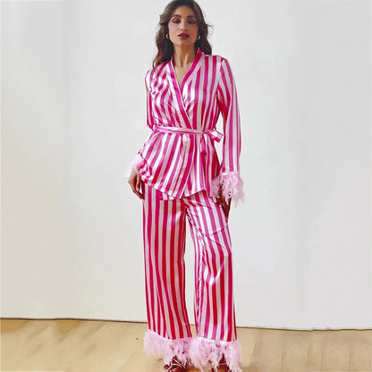 Women’s Pink Striped Pajamas Set – Satin Long Sleeve Loungewear & Loose Casual Home Wear