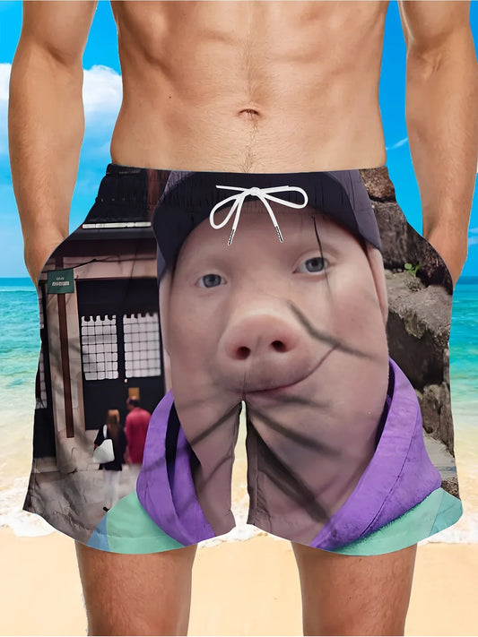 Cartoon Pig Print Swim Shorts – Adjustable Drawstring Waist with Pockets, Lightweight Summer Pool & Ocean Wear
