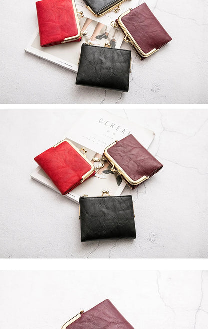 MIYIN Women’s Small Wallet – RFID Compact Bifold Leather Coin Purse with Zipper & Kiss Lock, Vintage Design