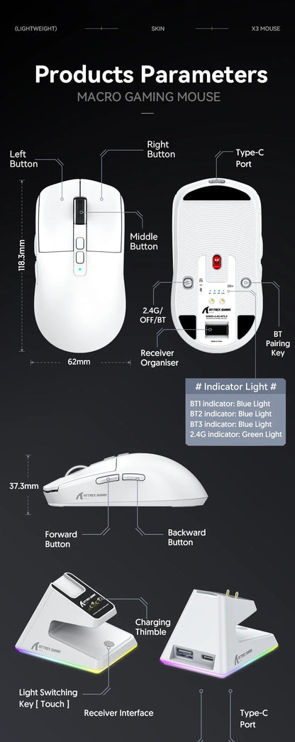 Attack Shark X6 PAW3395 Bluetooth Gaming Mouse — Tri-Mode Connection with RGB Touch, Magnetic Charging Base & Macro Functions