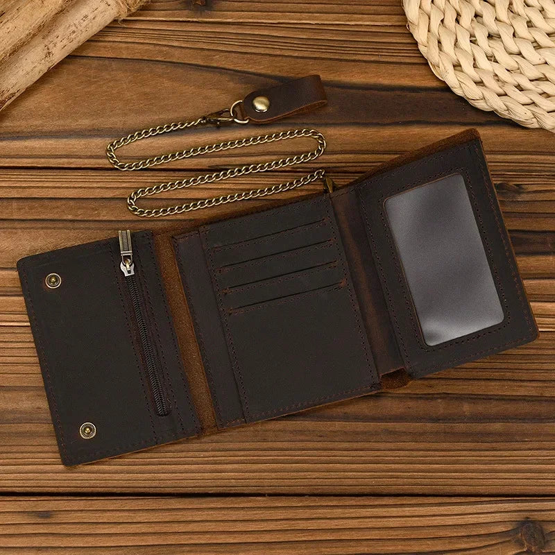 Men's Genuine Leather Short Wallet with Chain – Zipper Clutch, Trifold Purse, Card Holder & Coin Purse for Men